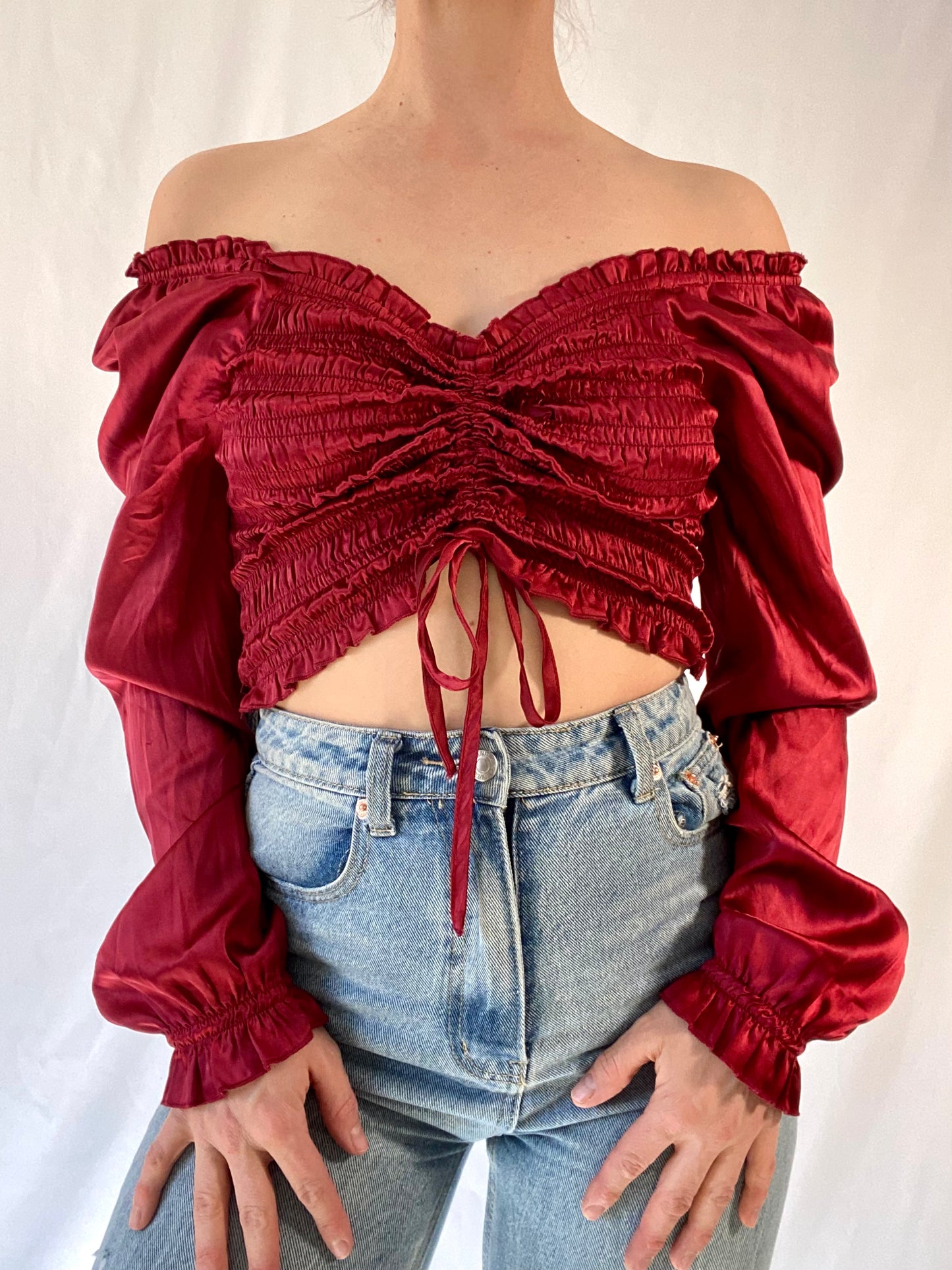 Front Cinch Puff Sleeve Silky Top