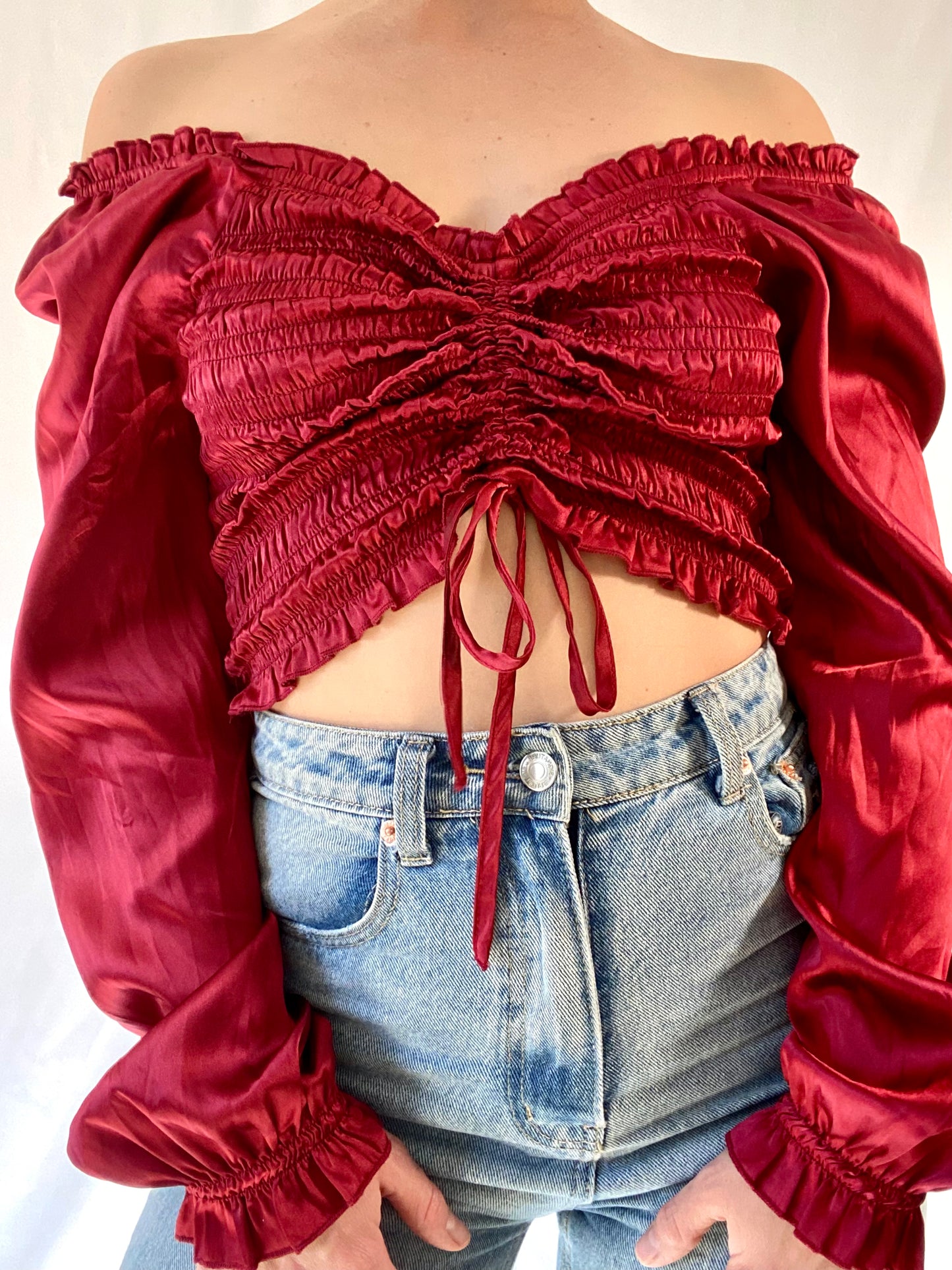 Front Cinch Puff Sleeve Silky Top