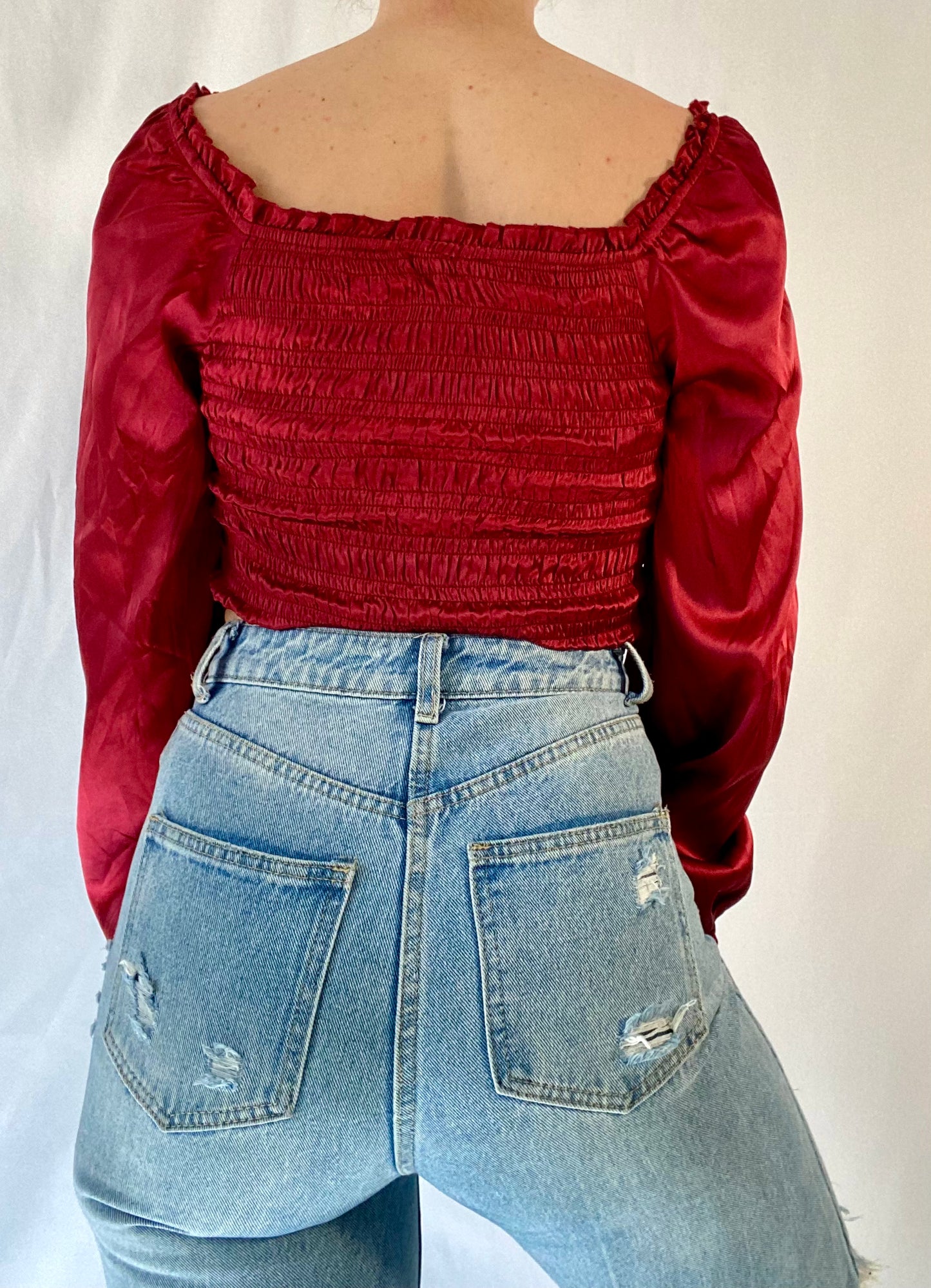 Front Cinch Puff Sleeve Silky Top
