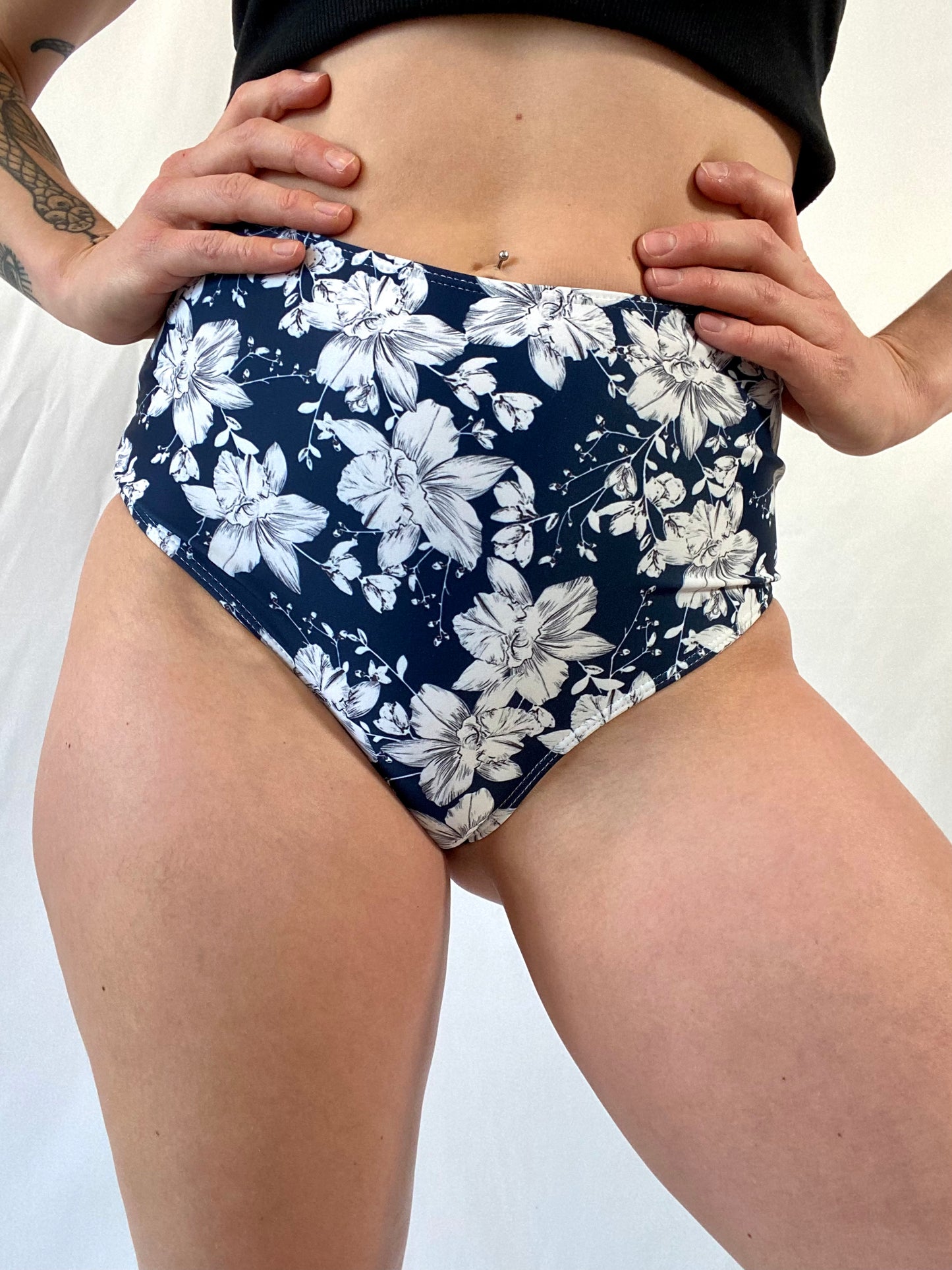 Navy Blue & White Flower Swimsuit Bottom