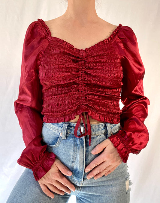 Front Cinch Puff Sleeve Silky Top